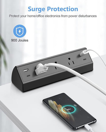 Desk Clamp Power Strip,40W Fast Charging Station,Desktop Mount Surge Protector,2 PD 20W USB C Ports,3 Outlets for Home,Office,Fit 1.9" Tabletop Edge (Black, 3 Outlets & 4 USB Ports & 15 FT Cable)