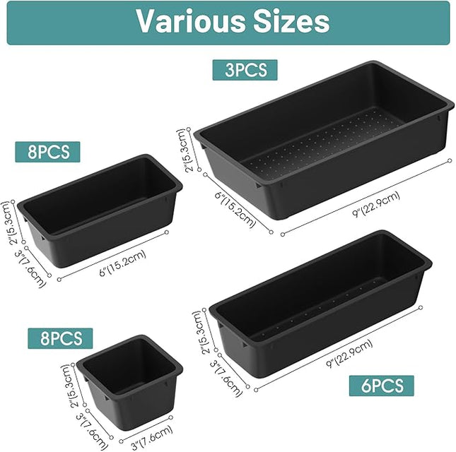 WOWBOX 25 PCS Plastic Drawer Organizer Set, Desk Drawer Divider Organizers and Storage Bins for Makeup, Jewelry, Gadgets for Kitchen, Bedroom, Bathroom, Office, Deep Black