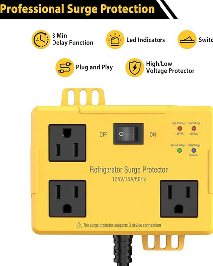 Refrigerator Surge Protector - Wall Mount 3 Outlet Voltage Protector with Time Delay & LED Indicator for Home Appliances, Against High & Low Voltage Brownouts Spikes & Instant Surge,125V/15A/3FT