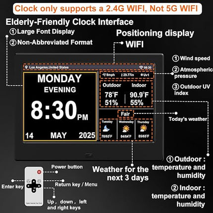 2025 Digital Clock with Auto Time Sync, Weather Forecast, Perpetual Calendar, Photo Frame, Temperature/Humidity Sensor & Custom Alarms - Large Display (Black, 10.1 inch)