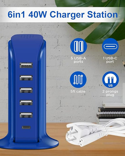USB Charging Station Upoy, 6 Ports Charging Blocks, USB Power Hub with C Port, Charging Dock for Electronics Organizer, Multi Charger 40W, Compatible with Kindle, iPhone, Ipad, Airpods, Tech Gadgets