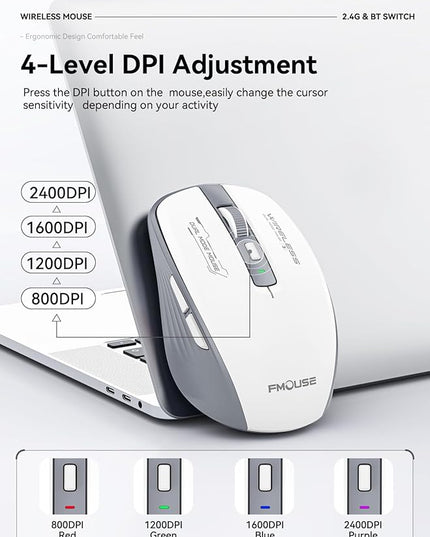 Wireless Mouse (Bluetooth & 2.4GHz USB) with Forward/Backward Side Keys, Silent Click, Ergonomic Portable AA Battery Mice for Laptop/Mac/iPad - Office & Travel Use, White & Grey