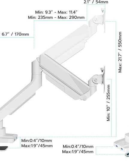 ARES WING Single Monitor Arm, Heavy Duty Adjustable Monitor Arm for 13"-49" Screens with USB, Gas Spring Desk Mount Stand with C Clamp/Grommet Mounting Base up to 40lbs Computer, White