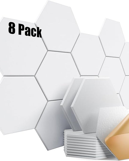 8 Pack Self-Adhesive Acoustic Panels 12" X 10" X 0.4" - Sound Proof Foam Panels for Wall with High Density, Hexagon Design, Flame Resistant, Absorb Noise and Eliminate Echoes(White)