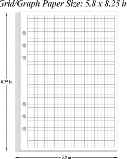 A5 Grid Refill Paper, 6-Hole Graph Paper, 100Sheets / 200Pages Loose-Leaf Grid Paper, 100gsm White Paper, 5.8" x 8.3 "
