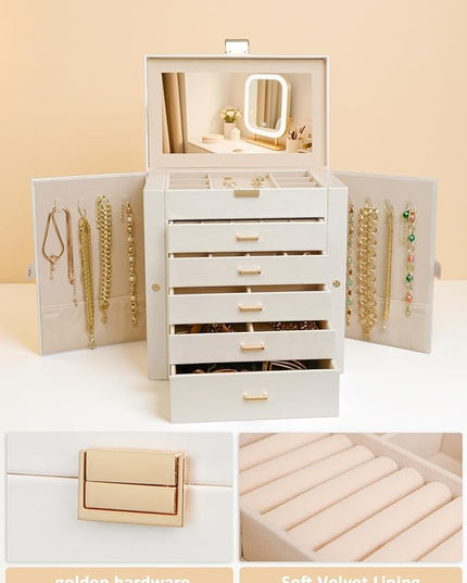BOOVO Jewelry Box For women, 6 Layer Large Jewelry Organizer With Mirror, Multi-Function Storage Box With Lock, Necklace Holder With 5 Drawers, For Earrings Necklace Bracelet (Pearl White and Gold)