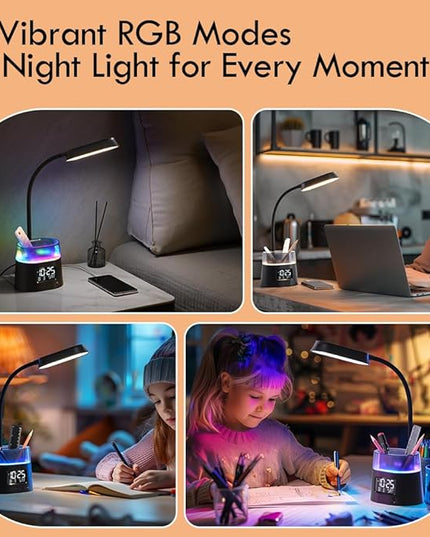 WILIT LED Kids Desk Lamp, Dimmable Study Lamp for Home Office Desk Accessories, with Pen Holder & Clock, USB Charging, RGB Night Light, Bedroom & College Dorm Room Essentials for Girls - Black