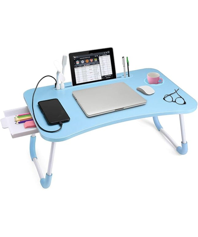Slendor Lap Desk with Tablet Slot, Foldable Laptop Table with Storage Drawer for Bed，Portable Bed Desk for Laptop, Computer Tray with Cup Holder Notebook Stand Reading Holder for Couch Floor, Blue
