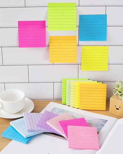 (12 Pack) Lined Sticky Notes 3x3 in,Notepads with Lines,Ruled Stickies Super Sticking Power,Office School Memo Note Pads Bright Colors,Post on Windows Doors,Recyclable,Easy to Write on