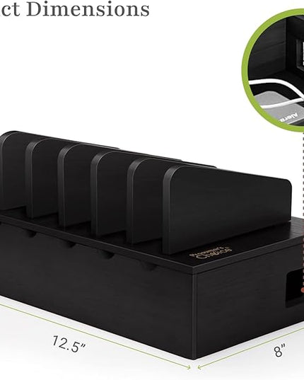 Prosumer's Choice Charging Station for Multiple Devices - 5 Device Charger Organizer for Smartphones and Tablets - Wooden Rack with Removable Dividers - Charging Dock for Work from Home - Black