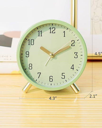 SHISEDECO Alarm Clock with Backlight, 4.5 inches Bedside Analog Non-Ticking Silent Small Deskclock with Arabic Numerals, Battery Operated Round Tableclock for Living Room, Bedroom (Green)
