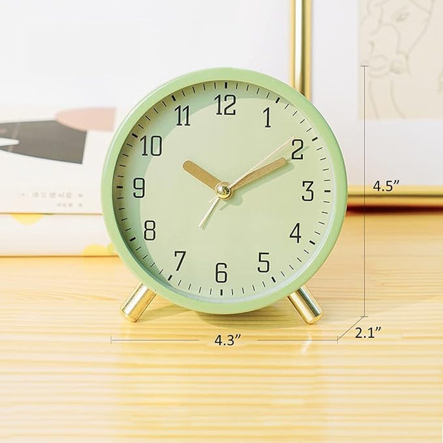 SHISEDECO Alarm Clock with Backlight, 4.5 inches Bedside Analog Non-Ticking Silent Small Deskclock with Arabic Numerals, Battery Operated Round Tableclock for Living Room, Bedroom (Green)