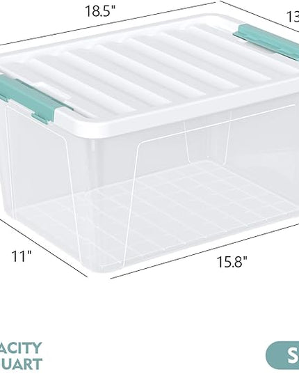 6-Pack 35 quart Large Plastic Storage Bin, Latching Box with Clear Base, White Lid and Green Latches