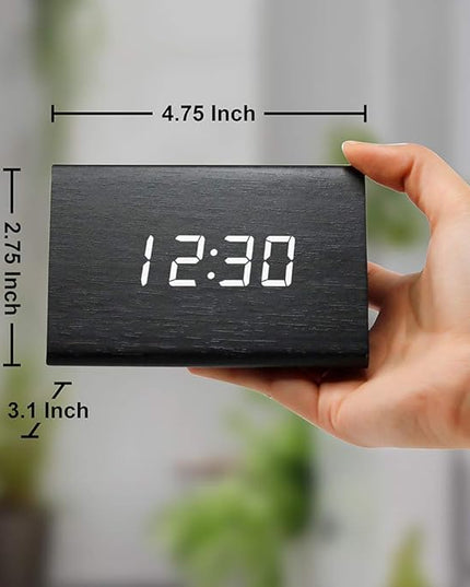 OCT17 Wooden Wood Clock, New Version LED Alarm Digital Desk Clock Adjustable Brightness, Alarm Time, Displays Time Date Temperature - Black