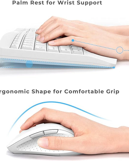 Ergonomic Keyboard and Mouse Combo, Full Size Cordless Computer Keyboard with Palm Wrist Rest Ergonomic Mouse for Windows Computers Laptops - White