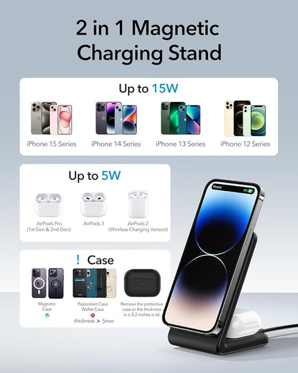 2-in-1 for Magsafe-Compatible Charger Stand with PD 20W USB-C Charger Block & Cable, Fast Charging Wireless Charger Designed for iPhone 17 Pro Max/16/15/14/13/12, AirPods 4/3/Pro 3/Pro 2/Pro, Black