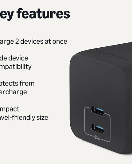 Amazon Basics Fast Charging USB C Nano GaN Wall Charger, 65W 2-Port for Laptops, Tablets, Phones, Black