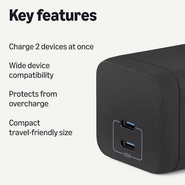 Amazon Basics Fast Charging USB C Nano GaN Wall Charger, 65W 2-Port for Laptops, Tablets, Phones, Black