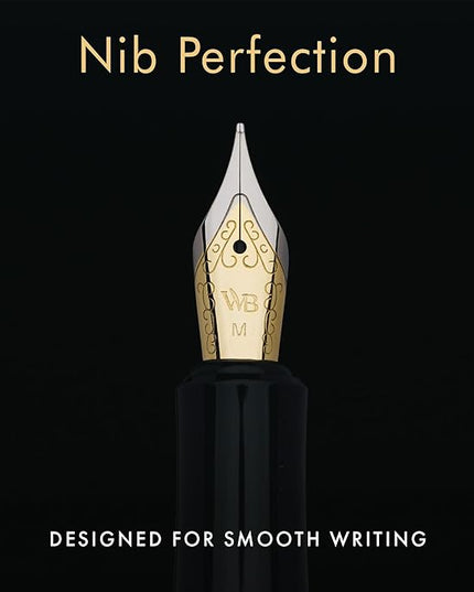 Wordsworth and Black Fountain Pen Mini EDC: Luxury Silver Heavy Pocket Pen, Gold Finish, Medium Nib, 6 Ink Cartridges, Ink Converter, Travel Refillable Writing Pen Gift Set, Men & Women