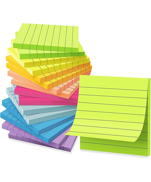(16 Pack) Lined Sticky Notes 3x3 in Ruled Stickies Super Sticking Power Memo Pads Bright Colors