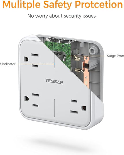 Multi Plug Outlet Extender, TESSAN 4 Outlet Splitter 3 USB Wall Charging Ports (2 USB C), Wide Spaced Multiple Expander Surge Protector for Office, Home, College Dorm Room