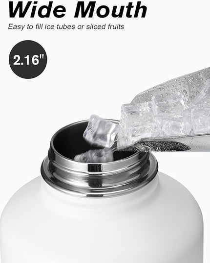 Coolflask Half Gallon Water Bottle Insulated with Straw & 3 Lids, 64 oz Water Jug Large Metal Stainless Steel Wide Mouth for Sports, Gym or Office, Non-BPA Keep Cold 48H Hot 24H, White