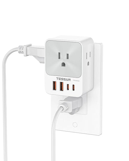 USB C Charger Block 20W PD, TESSAN 4 USB Wall Charger Fast Charging with 3 Outlet Extender Surge Protector, 3 Side Multi Port Adapter, Electric Multiple Outlet Plug for Home Office Dorm Room