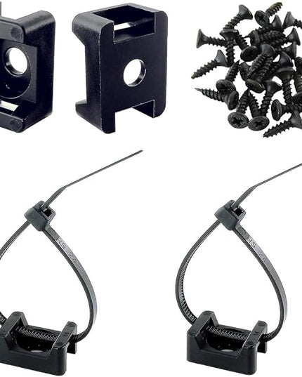 HS Saddle Type Cable Zip Tie Mounts Base Kit with Screw Hole,Set Strong 6 Inch Nylon Cable Ties and Screws Each 100 PCS,Wire Clips Anchor Management Fastener for Baseborad,Wall or Desk,Black