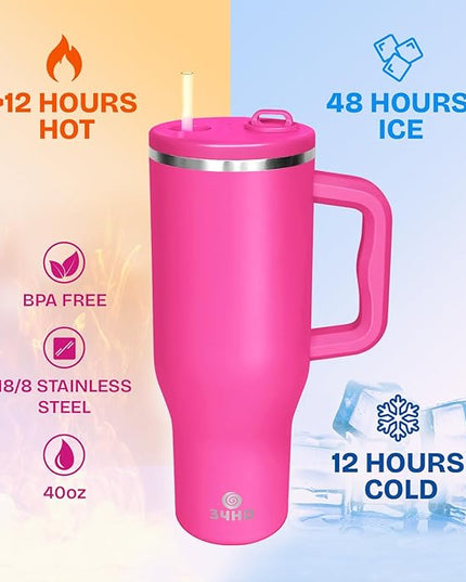 34HD 40 oz Stainless Steel Tumbler - Leakproof Insulated Water Bottle with Handle, Magnetic Lid and Flexible Straw - Iced for 48 Hours – Perfect for Men, Women, Birthday Gift, Pink - Hot Pink