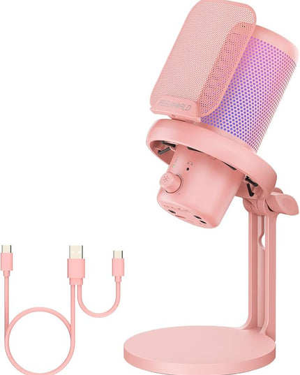 FEELWORLD VM1 Pink Gaming PC USB Microphone Condenser Mic with Noise Cancellation Mute RGB Light, Computer Accessories Gifts for Gamer YouTube Twitch Podcast Streaming Recording Online Chat PS4 PS5
