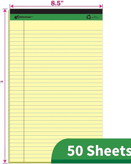 KAISA Yellow Legal Pads Writing Pads Recycled Paper 8.5"x14" Wide Ruled Lined Paper Perforated 50 sheets Hard Back Notepads Large Legal Pad Writing Tablet Canary For Office Supplies (Canary 12pads)