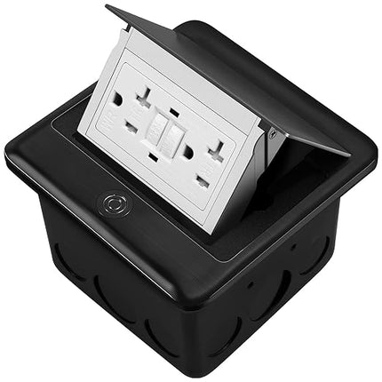 Vagueior Recessed Floor Electrical Outlet Kit,Waterproof Electrical Outlet Covcer Box,Hidden GFCI Outlet+20A Tamper-Resistant Receptacle Outlet with Slow Elastic Damping，ETL Certified，Black
