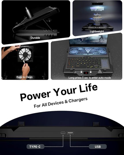 DEPGI Laptop Cooling Pad, Laptop Cooler Stand with 5.5" Movable Fan Easy to Clean, Auto Temp Sensor & 3-Speed Manual Control, Ultra Quiet ≤40dB for 14–17.3 Inch Laptops，Black
