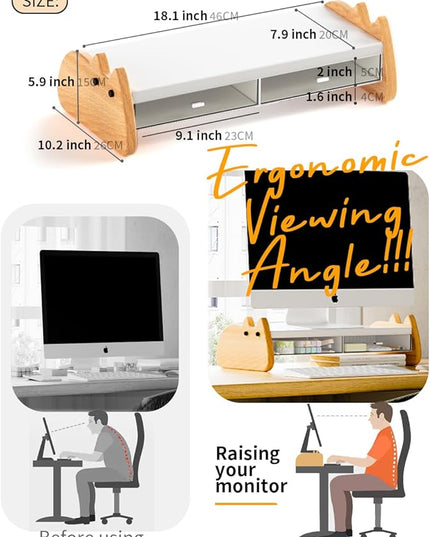 Monitor Stand Riser,Wooden & MDF Computer Desktop Stand with Acrylic Drawer,Laptop Stand Riser Holder ,Table Holder Desk Organizer Storage Stand for Laptop,Printer,TV,15.7 inch,Cute Cat