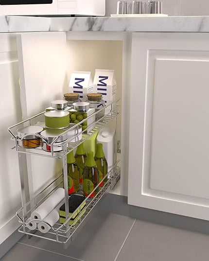 OCG Slide Out Cabinet Organizer for Narrow Cabinet (9" W X 21" D), 2 Tier Pull Out Shelves Slim Sliding Cabinet Organizer and Storage, Chrome