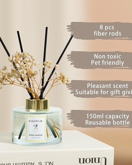 YISOWUH Reed Diffuser Set,5.07 fl oz (150 ml) - White Jasmine Oil Diffusers with 8 Reed Sticks,Home Fragrance Reed Diffuser for Bathroom Shelf Decor