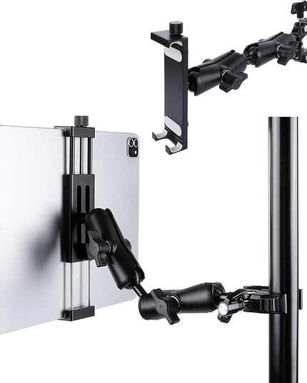Aluminum Dual Arm Tablet Mount with Super Clamp for Rails 0.5'' to 2'' in Diameter, Side Mount Tablet Holder for Mic Stand, Compatible with iPad Pro 12.9 Air Mini, Galaxy Tab, 4.7-12.9" Tablets