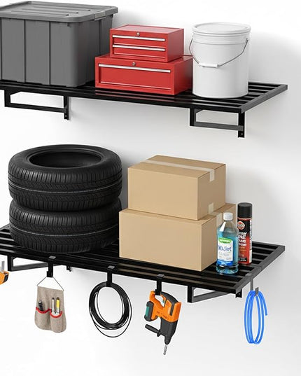 2-Pack Garage Wall Shelves, 2' x 4' Heavy Duty Wall Mounted Storage Rack with 6 Hooks, 500 lbs Capacity (250 lbs Each), Steel Garage Organization Shelving for Tools, Bins, and Power Equipment