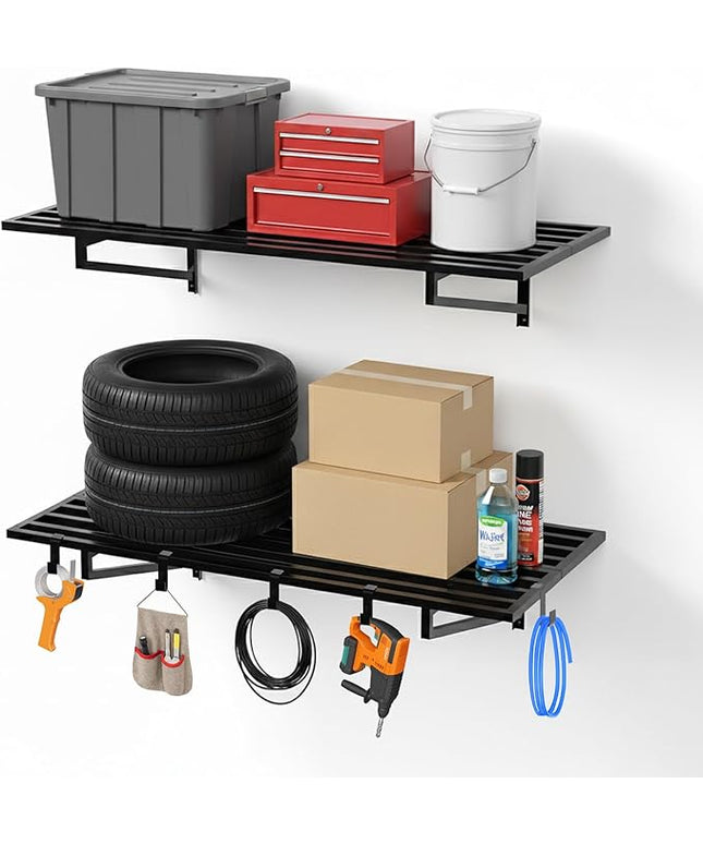 2-Pack Garage Wall Shelves, 2' x 4' Heavy Duty Wall Mounted Storage Rack with 6 Hooks, 500 lbs Capacity (250 lbs Each), Steel Garage Organization Shelving for Tools, Bins, and Power Equipment