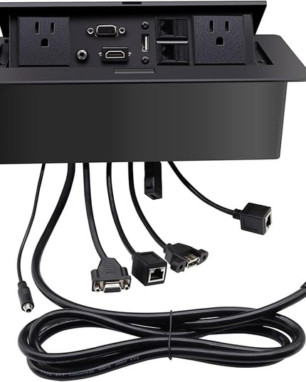 Pop Up Outlet; Pop up Power Strip; Embedded countertop Connection Outlet Box; 2 Power Outlets,HDMI USB VGA 3.5mm Audio Network Port Conference Table Multimedia Outlet Box - Black