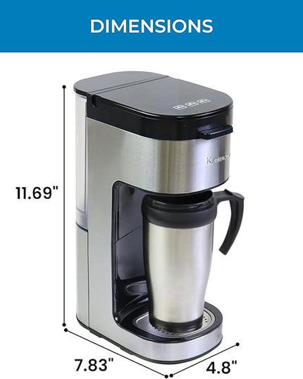 Kenmore Single Serve Coffee Maker – 6–14 Oz Brew Sizes, Compatible with Keurig K‑Cup Pods & Ground Coffee, One Cup Brewer, Travel Mug Friendly, Auto Shut‑Off, Hot & Iced Machine à café, White