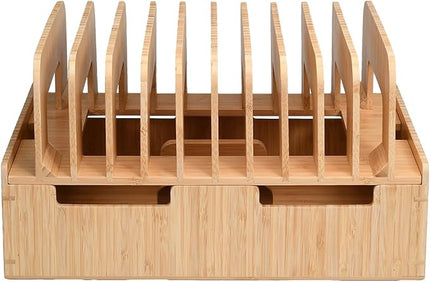 MobileVision Bamboo 12-Port Charging Station & Docking Organizer for Smartphones & Tablets, Family-Sized, for use in Corporate Offices & Classrooms (2 Bamboo Iwatch Adapter Stand add on Included)