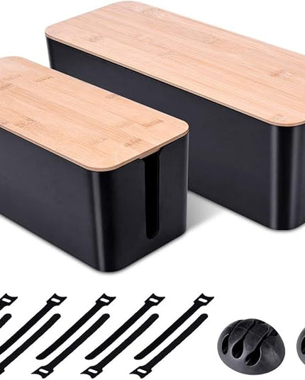 2 Pack Large Cable Management Box – Wooden Style Cord Organizer Box and Cover for TV Wires, Computer, Router, USB Hub and Under Desk Power Strip – Safe ABS Material and Baby-Pets Proof Lock (Black)