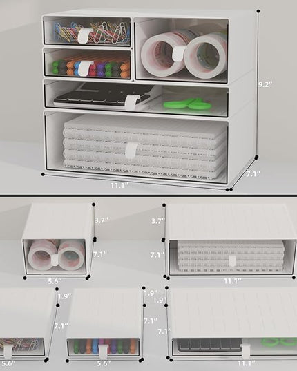 Desk Organizer Set, White & Clear Stackable Dustproof Storage Boxes for Desktop, Office, Bathroom, DIY Craft & Vertical Space Saving, Perfect for Makeup, Stationery Organization (5 Drawer)
