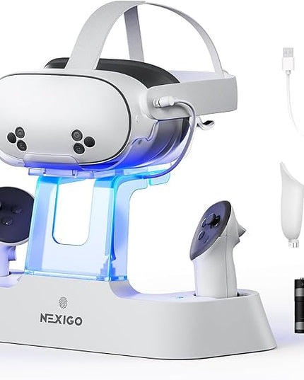 NexiGo Enhanced Charging Dock for Meta Quest 3 and 3S, with LED Light [On/Off], [Support Elite Strap with Battery], Headset Display Holder and Controller Mount, Rechargeable Batteries, White
