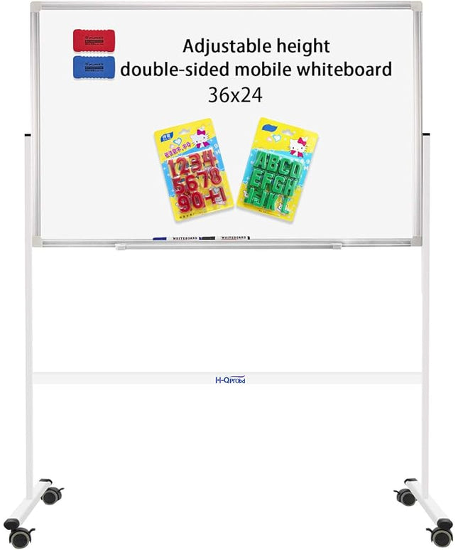 H-Qprobd Mobile Whiteboard 36"x24" Magnetic Dry Erase Board with Stand - Adjustable Height Double Side Rolling White Boards on Wheels for Home, Office & School