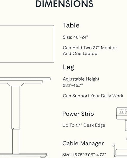 FLEXISPOT EN2 Whole-Piece Standing Desk with Clamp Power Strip, 48 x 24 Electric Stand Up Height Adjustable Desk with Cable Management (White Frame + 48" Black Top, 2 Packages)