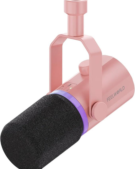FEELWORLD PM1 XLR USB Dynamic Microphone Gifts for Podcast Recording PC Computer Gaming Live Streaming Vocal Voice-Over, Studio Metal Mic with RGB Light, Mute Button, Headphones Jack (Pink)