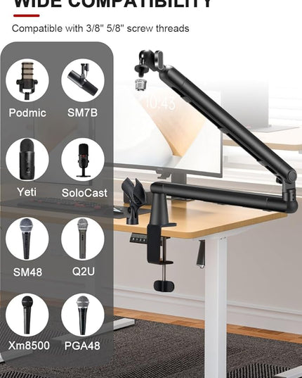 Low Profile Mic Arm Stand,Adjustable Desk Clamp Mic Boom Arm with 360°Swivel and Detachable Rise Column，Built-In Cable Management,with Mic Clip 3/8" to 5/8",For Podcasting and Streaming