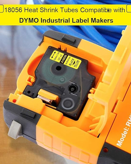 Industrial Labels Replace for DYMO 18056 A18056 12mm Heat Shrink Tube Label Compatible with DYMO Rhino 4200, 5200, 5000, 6000, 6000+ Industrial Label Maker, Black on Yellow, 1/2" x 4.9',4-Pack